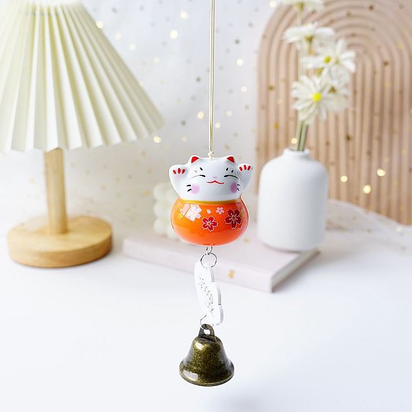 

PandaHall Porcelain Maneki Neko Hanging Wind Chimes Decor, Feng Shui Lucky Cat for Car Interiors Bell Hanging Ornaments, Orange Red, 280mm...