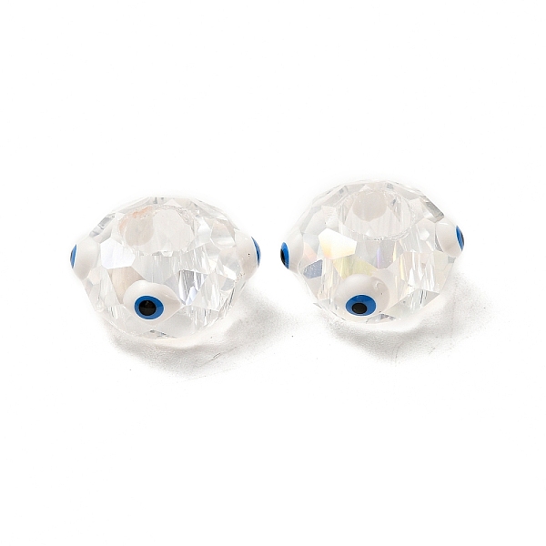 

PandaHall Transparent Glass European Beads, Large Hole Beads, with Enamel, Faceted, Rondelle with Evil Eye Pattern, White, 14x8mm, Hole: 6mm...