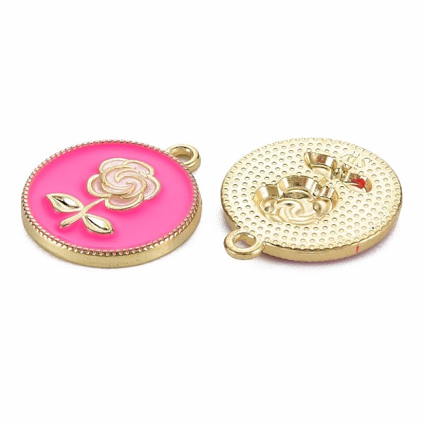 

PandaHall Rack Plating Alloy Pendants, with Enamel, Cadmium Free & Lead Free, Flat Round with Rose, Light Gold, Deep Pink, 20.5x18x2mm, Hole...