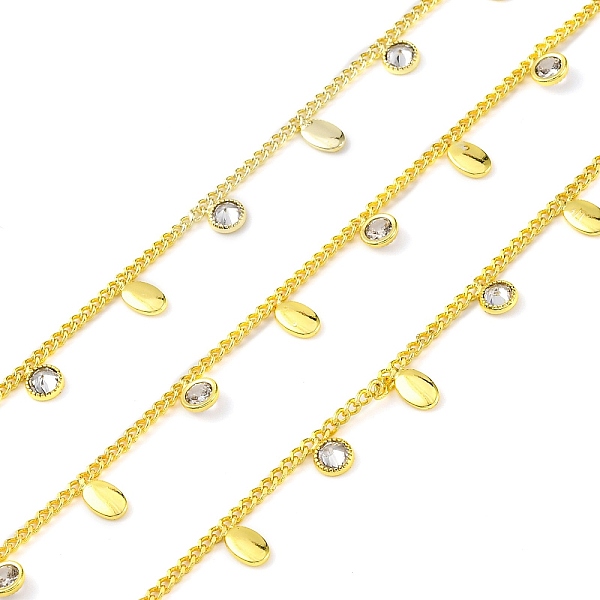 Handmade Brass Curb Chains, with Clear Cubic Zirconia, Spool, Long-Lasting Plated, Soldered, Lead Free & Cadmium Free, Oval, Real 18K Gold Plated, Links: 2x2x1mm, Charm: 8x4x1mm and 6.5x4.5x2mm