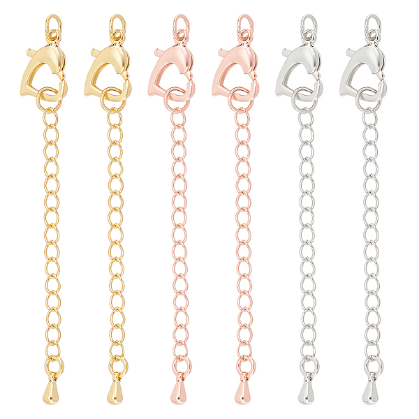 

PandaHall 6Pcs 3 Colors Brass Chain Extender, End Chains, with Heart Lobster Claw Clasps and Teardrop Chain Tab, Mixed Color, 66mm...