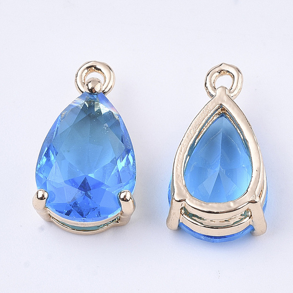 

PandaHall Transparent Glass Charms, with Brass Findings, Faceted, Teardrop, Light Gold, Dodger Blue, 15x8x6mm, Hole: 1.2mm Brass+Glass...