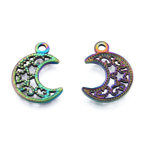 

PandaHall Ion Plating(IP) 201 Stainless Steel Pendants, Hollow, Moon with Star, Rainbow Color, 19x15x1mm, Hole: 1.8mm 201 Stainless Steel...