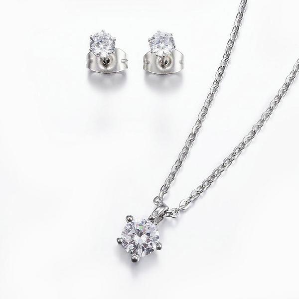 

PandaHall 304 Stainless Steel Jewelry Sets, Pendant Necklaces and Stud Earrings, with Cubic Zirconia, Stainless Steel Color, 18.11 inch...