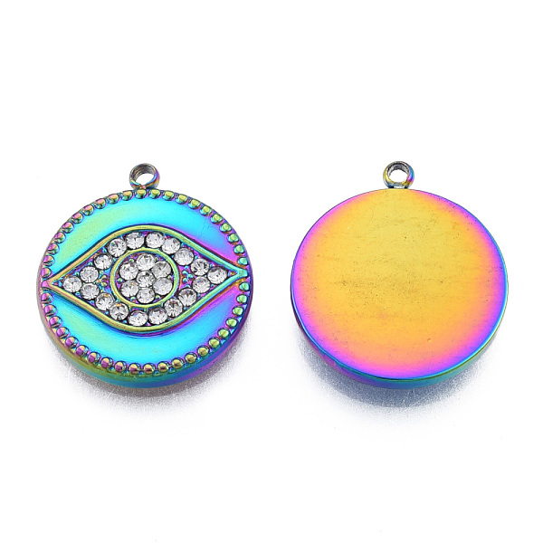 

PandaHall 304 Stainless Steel Pendants, with Crystal Rhinestone, Flat Round with Eye, Rainbow Color, 19x16.5x2.5mm, Hole: 1.4mm Stainless..., Clear