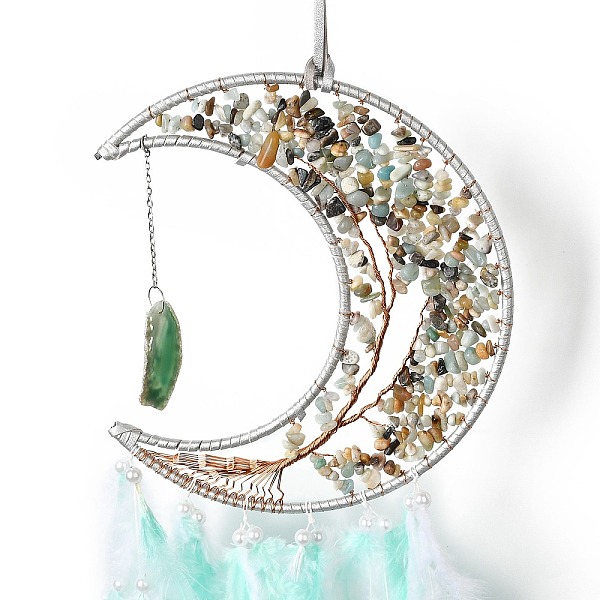 

PandaHall Natural Amazonite Chips Beaded Tree of Life Moon with Feather Pendant Decorations, with Iron Findings, for Garden Home Ornament..., Green