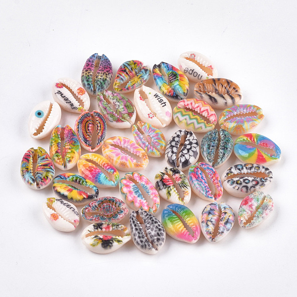 

PandaHall Printed Natural Cowrie Shell Beads, No Hole/Undrilled, Mixed Color, 17~23x13~17x6~8mm Cowrie Shell Shell Shape Multicolor