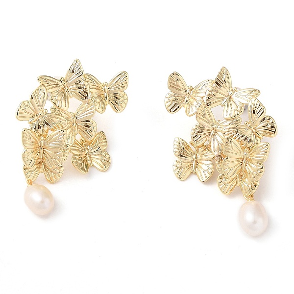 

PandaHall Natural Pearl Dangle Earrings, Butterfly Brass Stud Earrings for Women, Real 14K Gold Plated, 29x29.5mm Pearl Butterfly