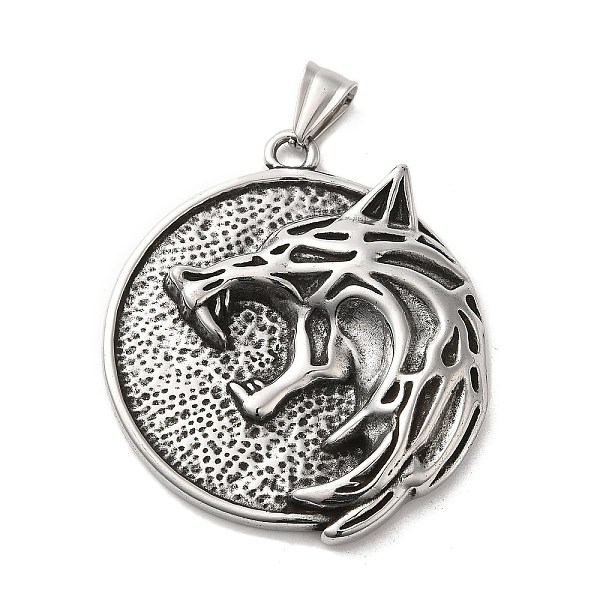 

PandaHall 304 Stainless Steel Big Pendants, Flat Round with Wolf & Helm of Awe Charm, Antique Silver, 60x44x7mm, Hole: 10x5mm 304 Stainless...