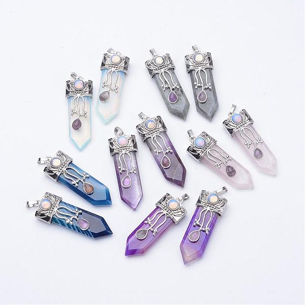 

PandaHall Natural & Synthetic Mixed Stone Big Pointed Pendants, with Brass Finding, 57~61x15~20x10~14mm, Hole: 4x7mm Mixed Stone Others