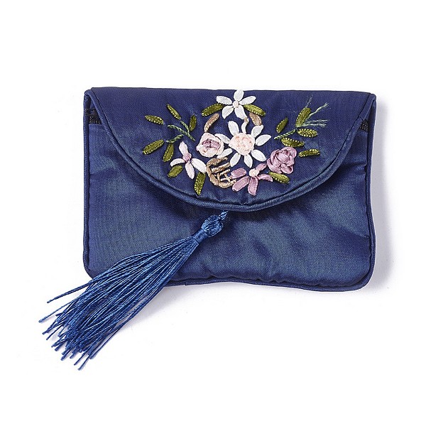 embroidery cloth zip pouches, with tassels and stainless steel snap button, rectangle, midnight blue, 12x8.5cm