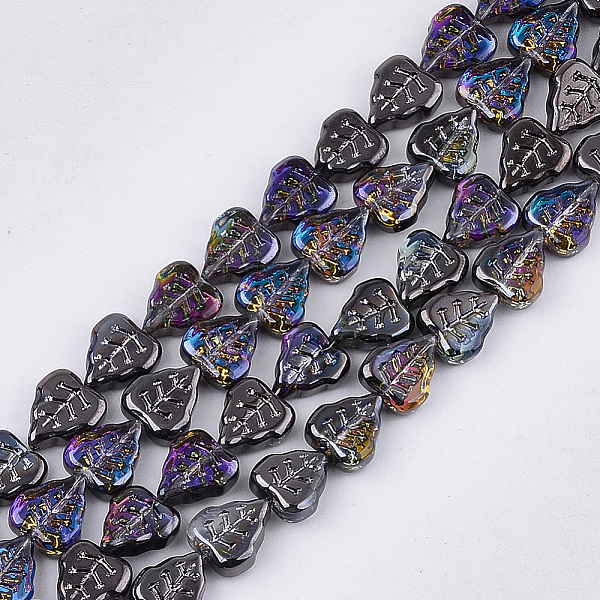 

PandaHall Electroplate Glass Beads Strands, Leaf, Black, 12x10.5x4.5mm, Hole: 0.8mm, about 54pcs/strand, 25.5 inch Glass Leaf Black