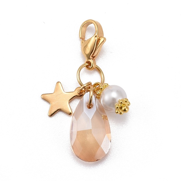 

PandaHall Faceted Teardrop Glass Pendants, with Glass Pearl Round Beads, Star 304 Stainless Steel Charms & Lobster Claw Clasps, Sandy Brown...