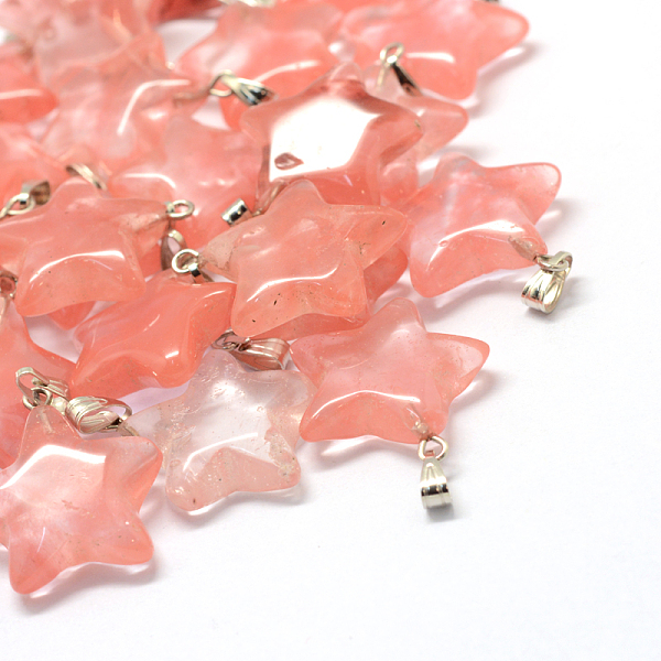 

PandaHall Star Dyed Cherry Quartz Glass Pendants, with Platinum Tone Brass Findings, 22~23x20~24x5~7mm, Hole: 2x7mm Cherry Quartz Glass Star