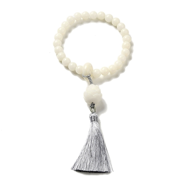 

PandaHall White Jade Bodhi Root Round Beaded Stretch Bracelet, with Lotus & Tassel Pendants, White, Inner Diameter: 3 inch(7.7cm), Bead...