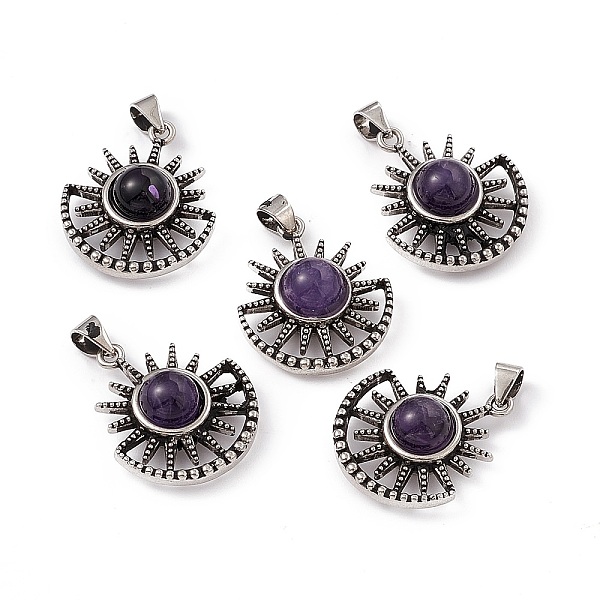 

PandaHall Natural Amethyst Pendants, Sun Charms, with Antique Silver Color Brass Findings, 23x19x8mm, Hole: 4x3.5mm Amethyst Sun