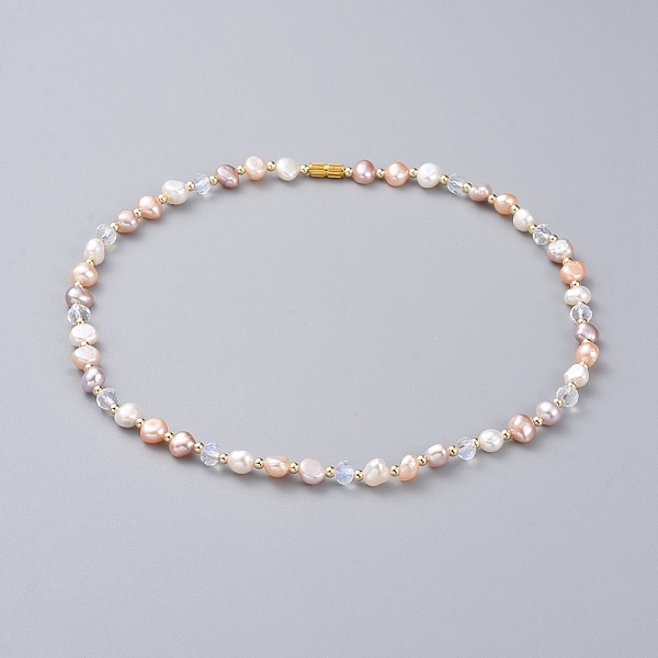 

PandaHall Cultured Freshwater Pearl Beaded Necklaces, with Faceted Rondelle Glass Beads, Brass Beads & Screw Clasps, Cardboard Box, Golden...