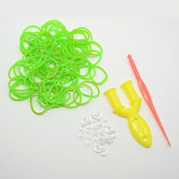 

PandaHall (Defective Closeout Sale), Rubber Bands Refills, with Tool and Plastic S-Clips, Lawn Green, Hook: 80x6x3mm, Tool: 25x54x7mm, Clip...