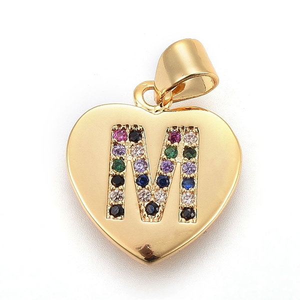

PandaHall Brass Micro Pave Cubic Zirconia Pendants, Heart with Letter, Colorful, Letter.M, 17x15x1.5mm, Hole: 3.5x4.5mm Brass+Cubic Zirconia...