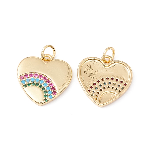PandaHall Rack Plating Brass Micro Pave Colorful Cubic Zirconia Pendants, with Jump Ring, Cadmium Free & Nickel Free & Lead Free, Heart...