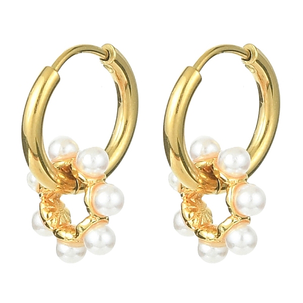 

PandaHall Brass Flower with Plastic Pearls Beaded Dangle Hoop Earrings, 304 Stainless Steel Jewelry, Golden, 20x14mm Brass Flower White