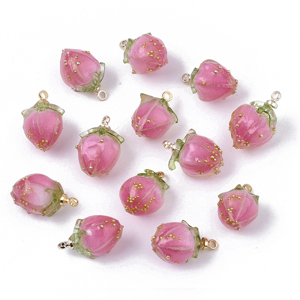 

PandaHall Handmade Flower Epoxy Resin Pendants, with Brass Peg Bails and Glass Micro Beads, Bud, Golden, Hot Pink, 14~15x9~10x9~10mm, Hole...