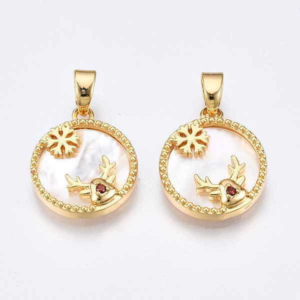 

PandaHall Brass Micro Pave Cubic Zirconia Pendants, with White Sea Shell, Nickel Free, for Christmas, Flat Round with Deer Antler &...
