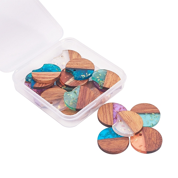 

PandaHall Transparent Resin & Walnut Wood Pendants, with Glitter Paillettes/Gold Foil, Gap Flat Round, Mixed Color, 23x24.5x3mm, Hole: 2mm..., Multicolor