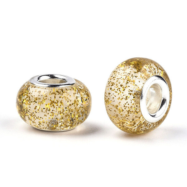 

PandaHall Epoxy Resin European Beads, Large Hole Beads, with Glitter Powder and Platinum Tone Brass Double Cores, Rondelle, Gold, 14x9mm...