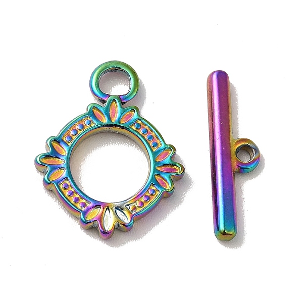 

PandaHall Ion Plating(IP) 304 Stainless Steel Toggle Clasps, Flower, Rainbow Color, Ring: 17.5x14x2mm, Hole: 2mm, Bar: 16.5x5x2mm, Hole...