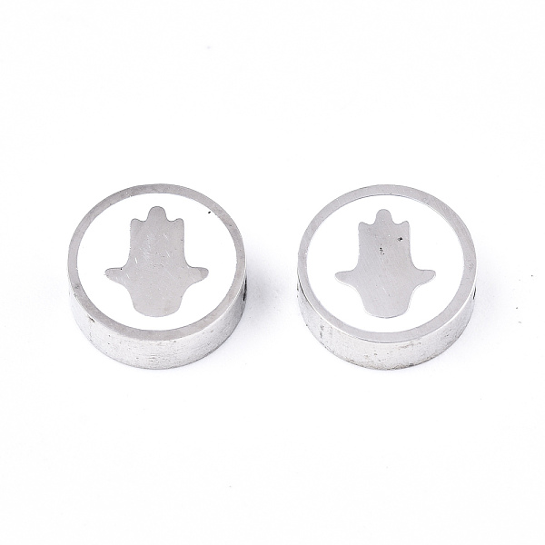 

PandaHall 304 Stainless Steel Beads, Laser Cut, with Enamel, White, Flat Round with Hamsa Hand/Hand of Fatima/Hand of Miriam, Stainless...