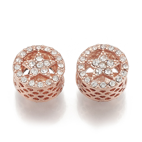 

PandaHall Alloy Rhinestone European Beads, Hollow, Large Hole Beads, Flat Round with Star, Rose Gold, Crystal, 12x11x9mm, Hole: 5mm..., Clear