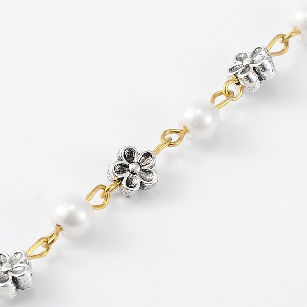 

PandaHall Handmade Round Glass Pearl Beads Chains for Necklaces Bracelets Making, with Tibetan Style Alloy Flower Beads and Iron Eye Pin..., White