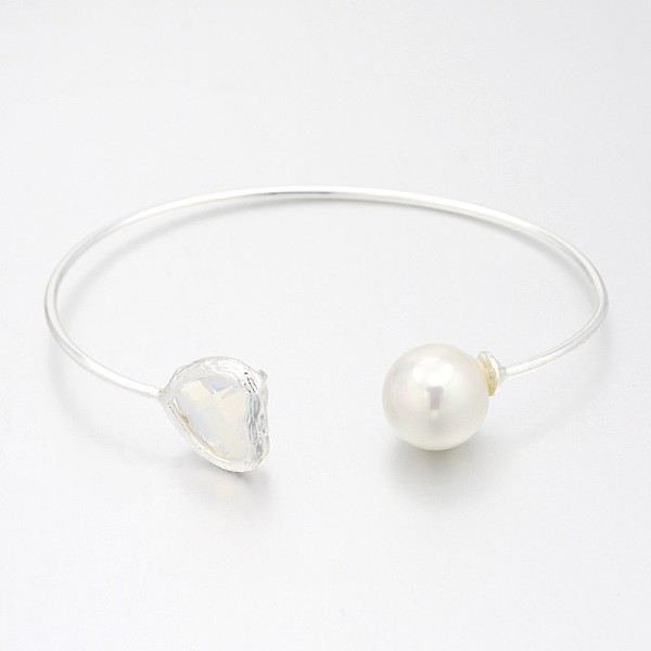 

PandaHall Nickel Free Silver Color Plated Brass Glass Cuff Bangles, Torque Bangles, with Round Acrylic Pearl, WhiteSmoke, 50x64mm Glass..., White