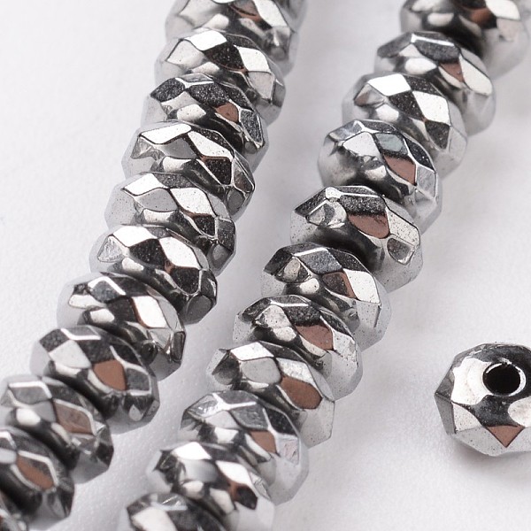 

PandaHall Non-magnetic Synthetic Hematite Beads Strands, Faceted, Rondelle, Silver Plated, 4x2mm, Hole: 0.5mm, about 175pcs/strand, 16 inch...