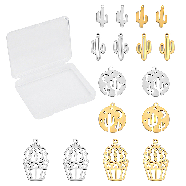 

PandaHall SUNNYCLUE 1 Box 16Pcs 4 Styles Cactus Charms Bulk Stainless Steel Summer Desert Plant Pendants Hollow Metal Flat Round Pendant for...