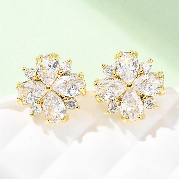 Boucles d'oreilles puces en laiton serties de micro-pavés de zirconiums cubiques en forme de fleur pour femmes