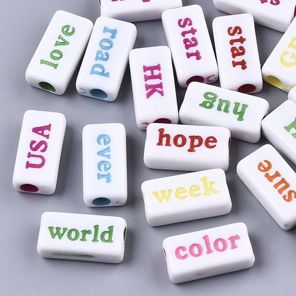 

PandaHall Opaque Acrylic Beads, Rectangle with Words, Mixed Color, 7.5x15x4.5mm, Hole: 3mm Acrylic Rectangle Multicolor
