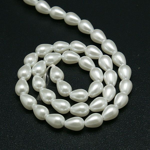 PandaHall Glass Pearl teardrop, Beads Strands, White, 7x5mm, Hole: 1mm Glass Teardrop White