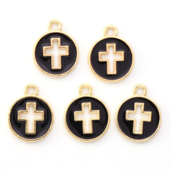

PandaHall Light Gold Plated Alloy Enamel Pendants, Flat Round with Cross, Black, 15x12x1.5mm, Hole: 1.6mm Alloy+Enamel Flat Round Black