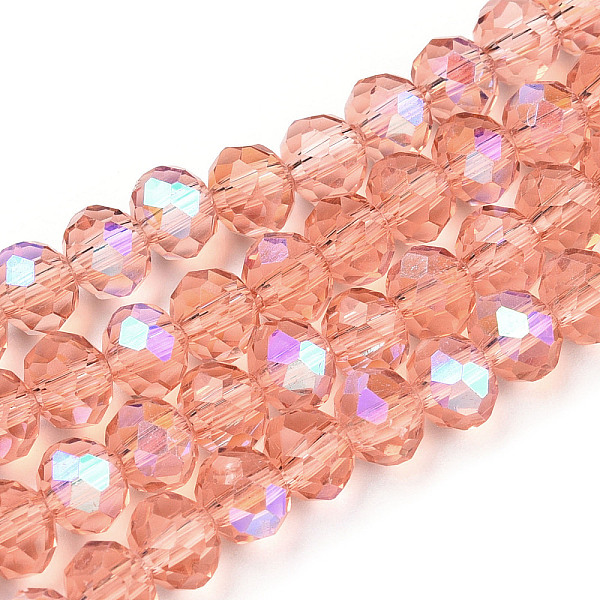 PandaHall Electroplate Glass Beads Strands, Half Rainbow Plated, Faceted, Rondelle, Salmon, 3x2mm, Hole: 0.8mm, about 150~155pcs/strand...