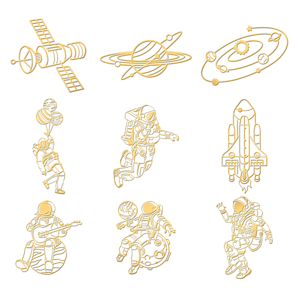 

PandaHall OLYCRAFT 9pcs 1.6x1.6 Inch Scientific Theme Metal Stickers Space Self Adhesive Gold Stickers Astronaut Aircraft Metal Gold...