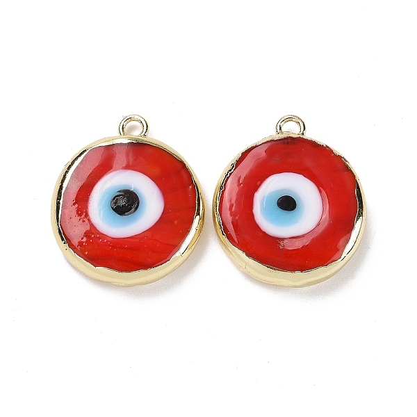 

PandaHall Handmade Lampwork Pendants, with Golden Plated Brass Findings, Cadmium Free & Lead Free, Flat Round with Evil Eye, Red...