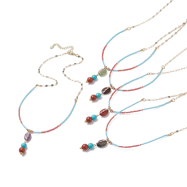 

PandaHall 5Pcs 5 Style Natural & Synthetic Mixed Gemstone Oval Pendant Necklaces Set, Glass Seed Beaded Stackable Necklaces with Brass...
