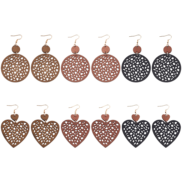 

PandaHall ANATTASOUL 6 Pairs 6 Styles Wood Dangle Earrings with Iron Earring Pins, Hollow Heart & Flat Round, Mixed Color, 83~89x49.5~51.5mm..., Multicolor