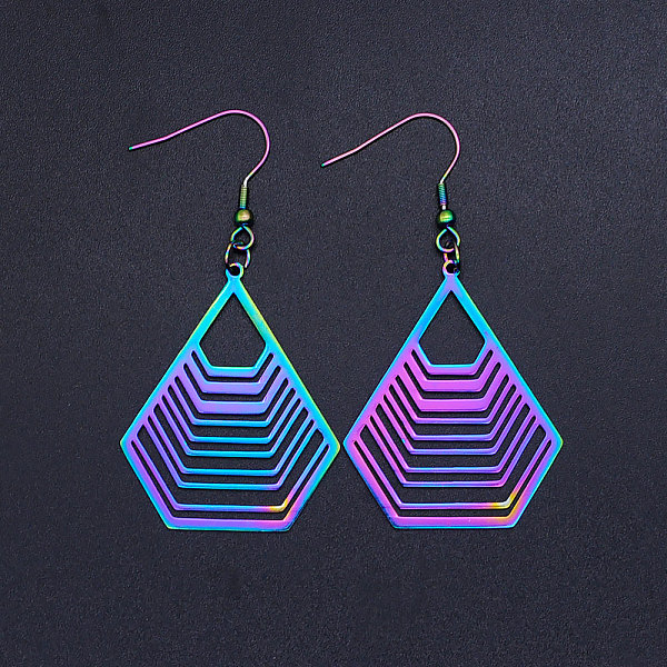 

PandaHall 201 Stainless Steel Dangle Earrings, Polygon, Rainbow Color, 64x32.5mm, Pin: 0.7mm 201 Stainless Steel