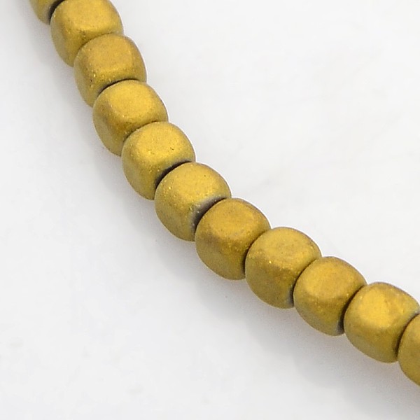 

PandaHall Electroplate Non-magnetic Synthetic Hematite Beads Strands, Cube, Frosted, Golden Plated, 3x3x3mm, Hole: 1mm, about 148pcs/strand...