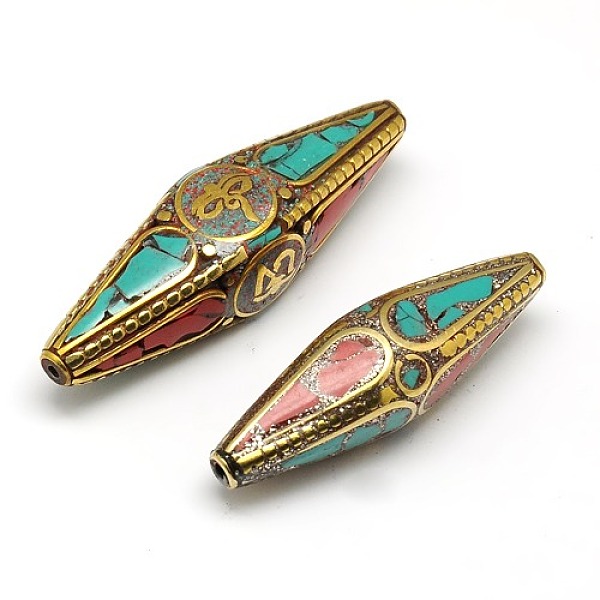 

PandaHall Handmade Tibetan Style Beads, Brass Findings with Turquois and Synthetic Coral, Bicone, Golden, Colorful, 47~57x15~16mm, Hole: 1mm...