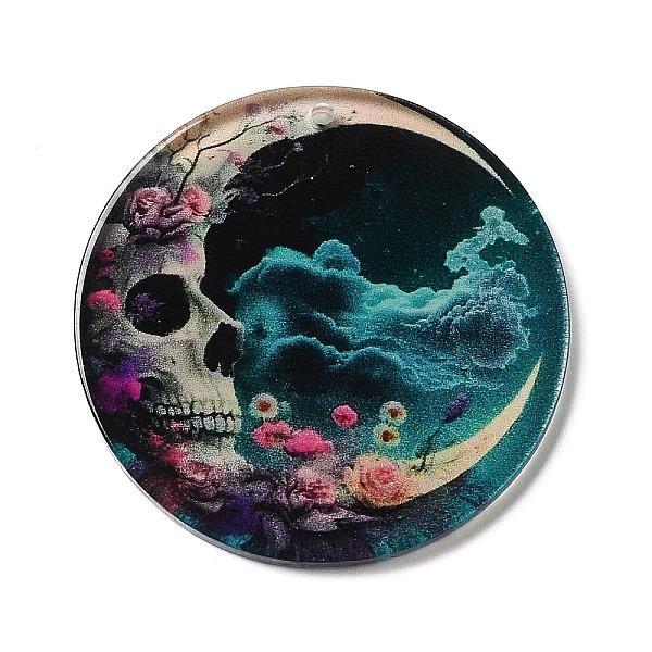 

PandaHall Opaque Acrylic Pendants, Flat Round with Moon and Skull, Pale Turquoise, 37.5~38x2mm, Hole: 1.6mm Acrylic Flat Round