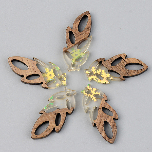

PandaHall Transparent Resin & Walnut Wood Pendants, with Glitter Sequins/Paillette, Leaf with Snowflake, Green Yellow, 28x11.5x3mm, Hole...